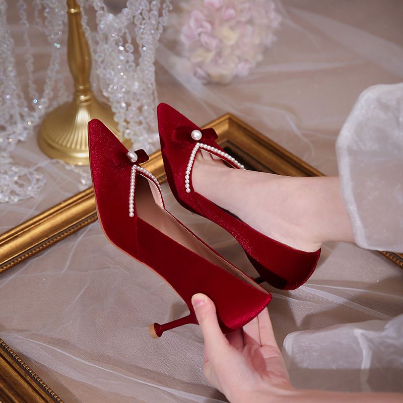Women Shoes Quick Delivery - Rode hoge hak parel damespumps puntige