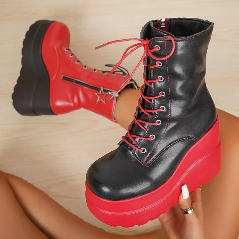 Women'S Shoes Red Bottoms - Punk Gothic Motorlaarzen Platform Dikke Hoge
